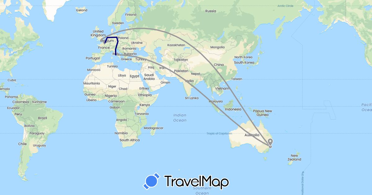 TravelMap itinerary: driving, plane in Australia, Czech Republic, Germany, France, United Kingdom, Italy, Netherlands (Europe, Oceania)